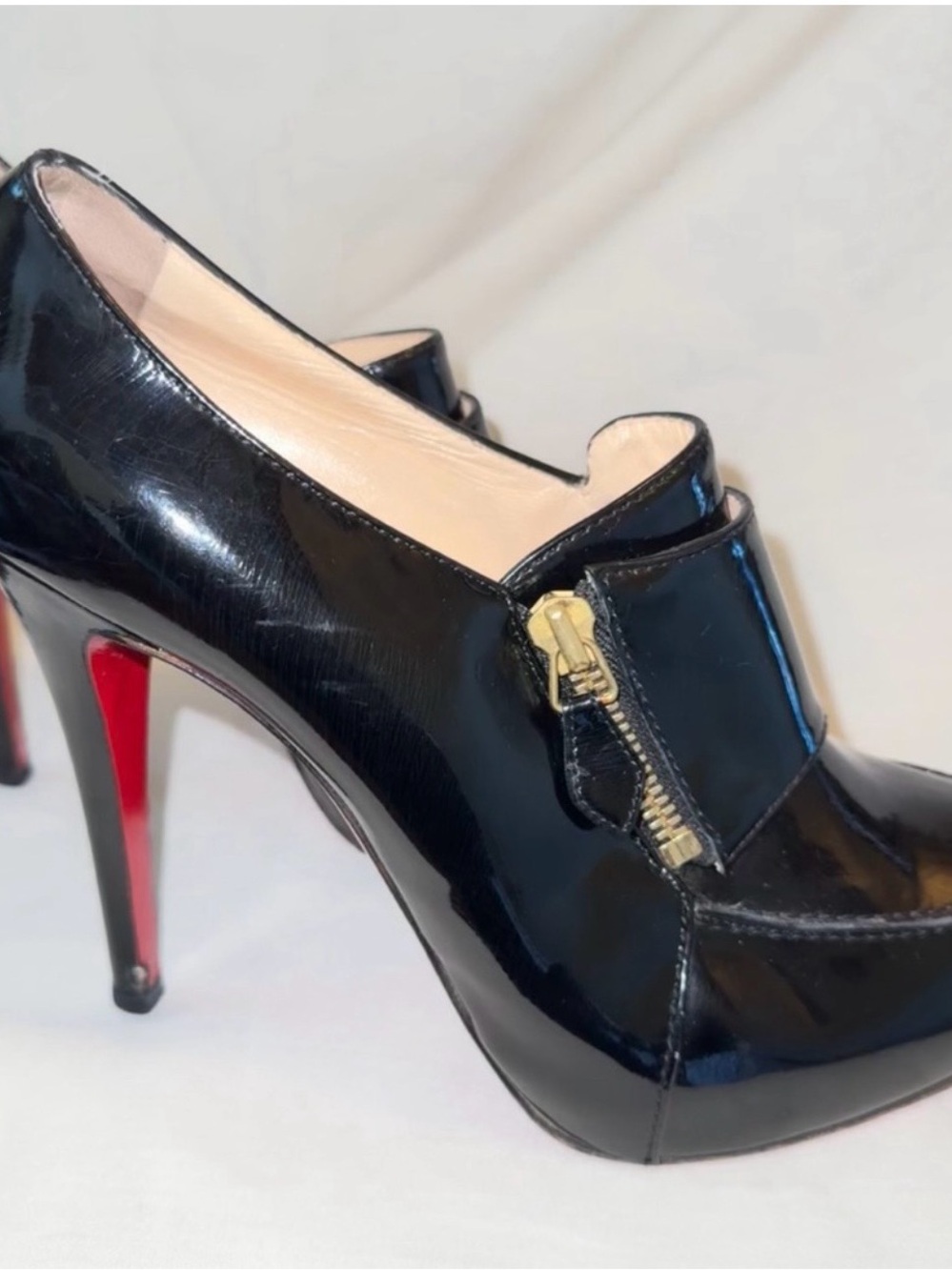 Christian Louboutin Black Patent Leather Zip-Detail High Heels with Red Sole
